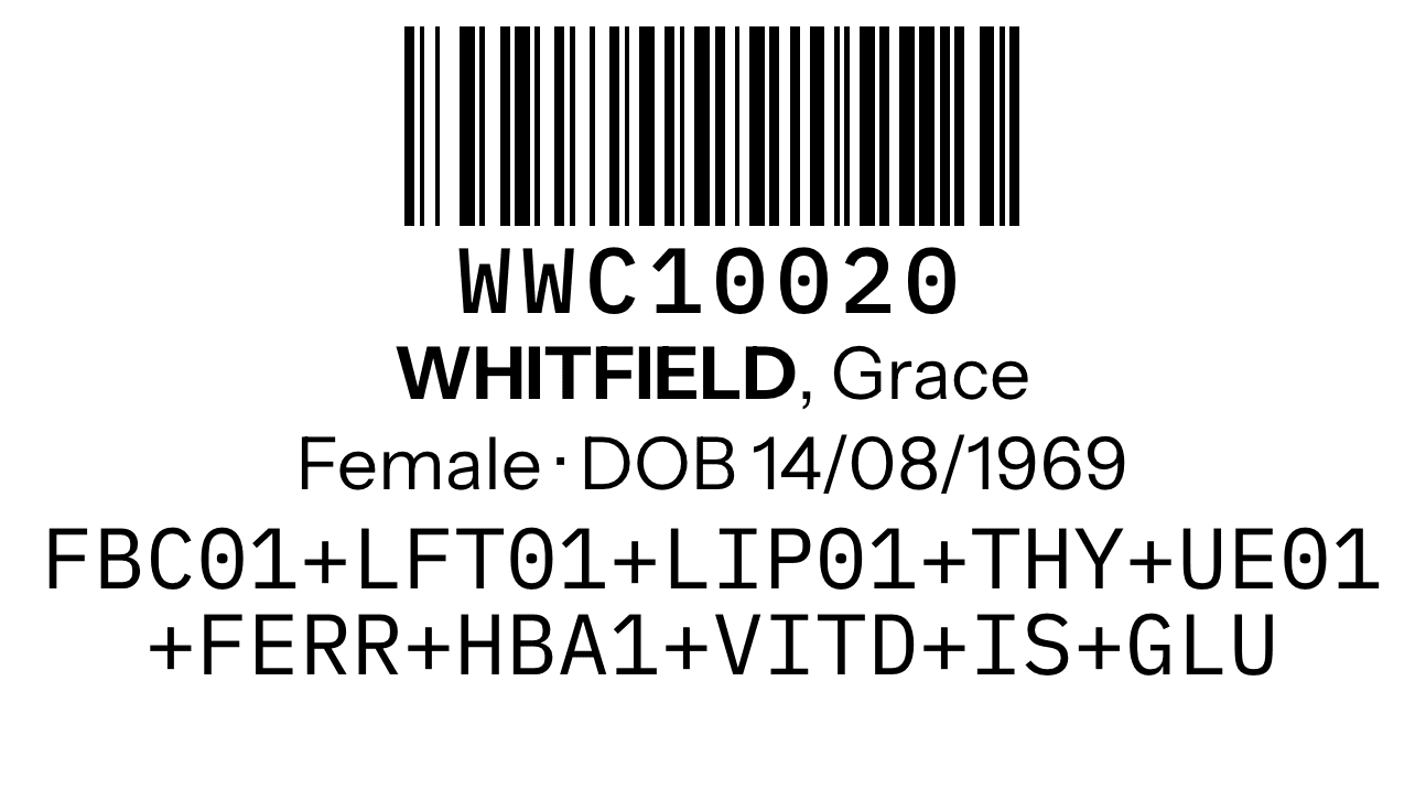 A printed sample label carrying the order's barcode