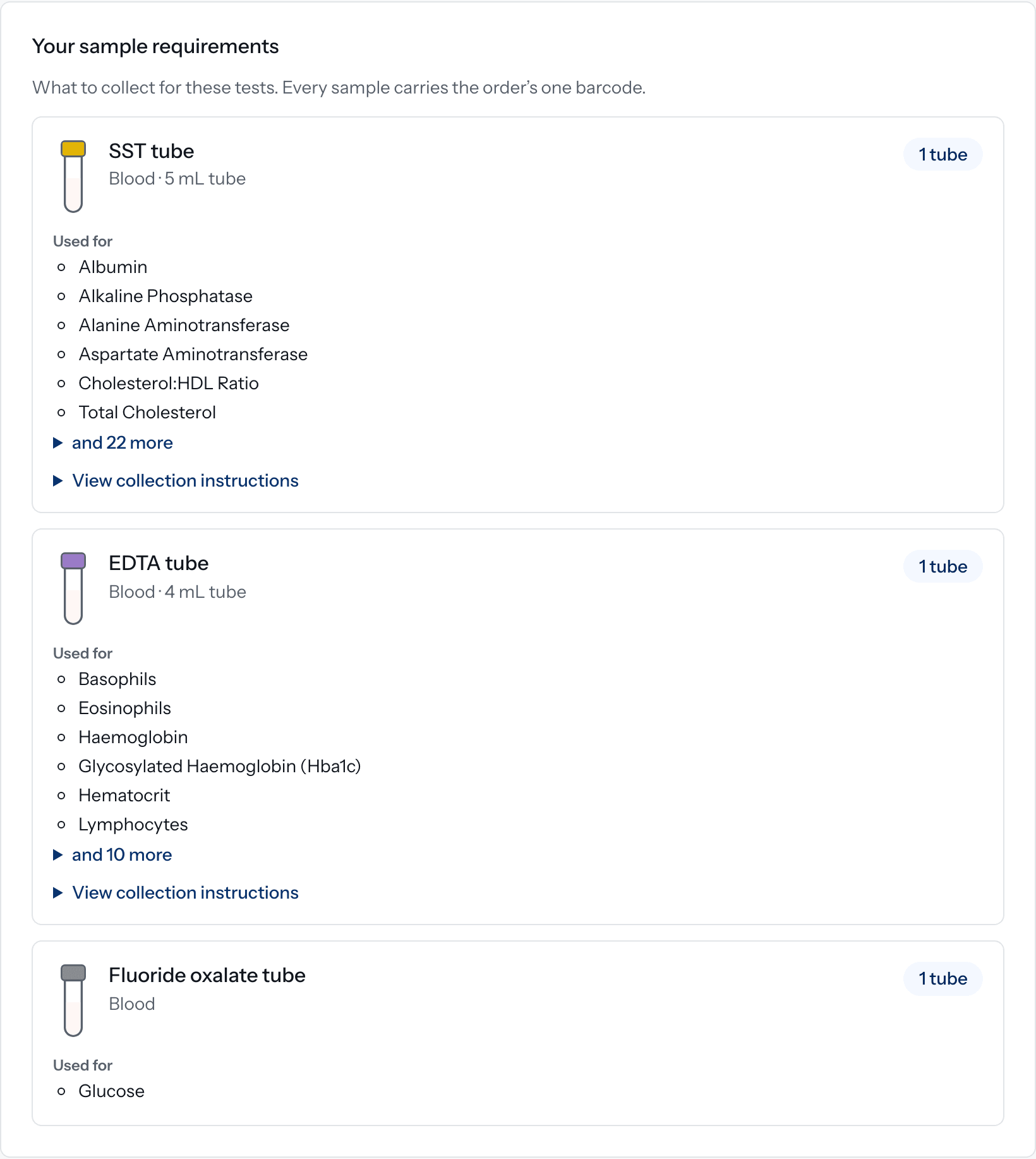 Doxtor's sample collection summary for an order: each tube type, how many to collect and which tests each one is for