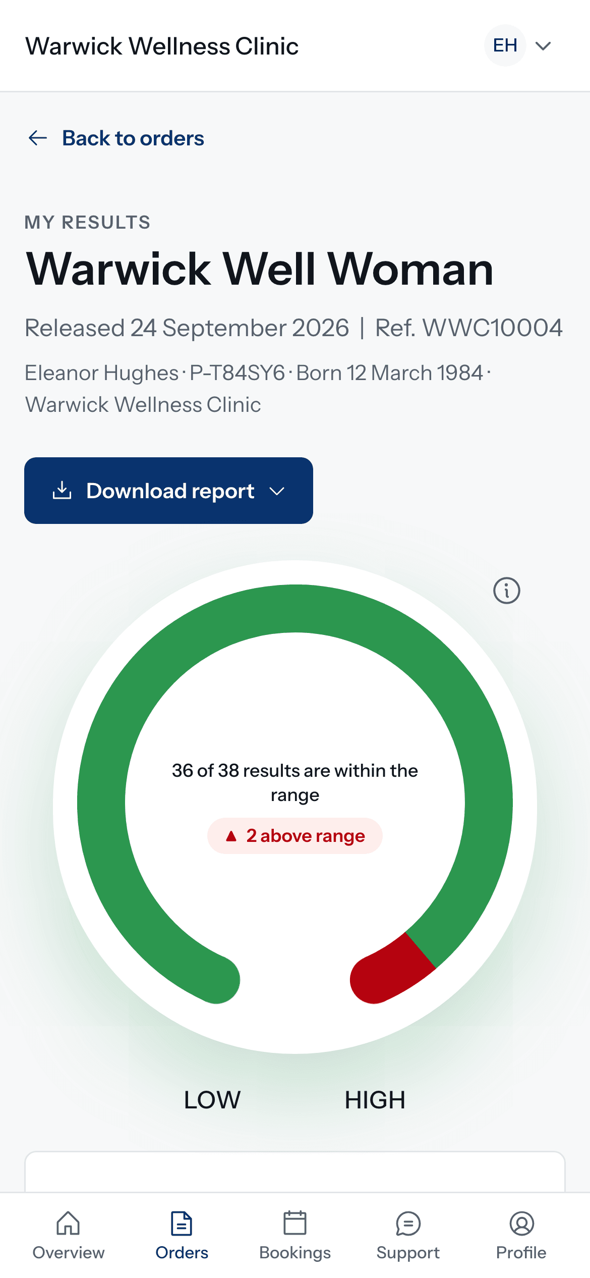 A patient reading their blood test report in the clinic's patient portal on a phone