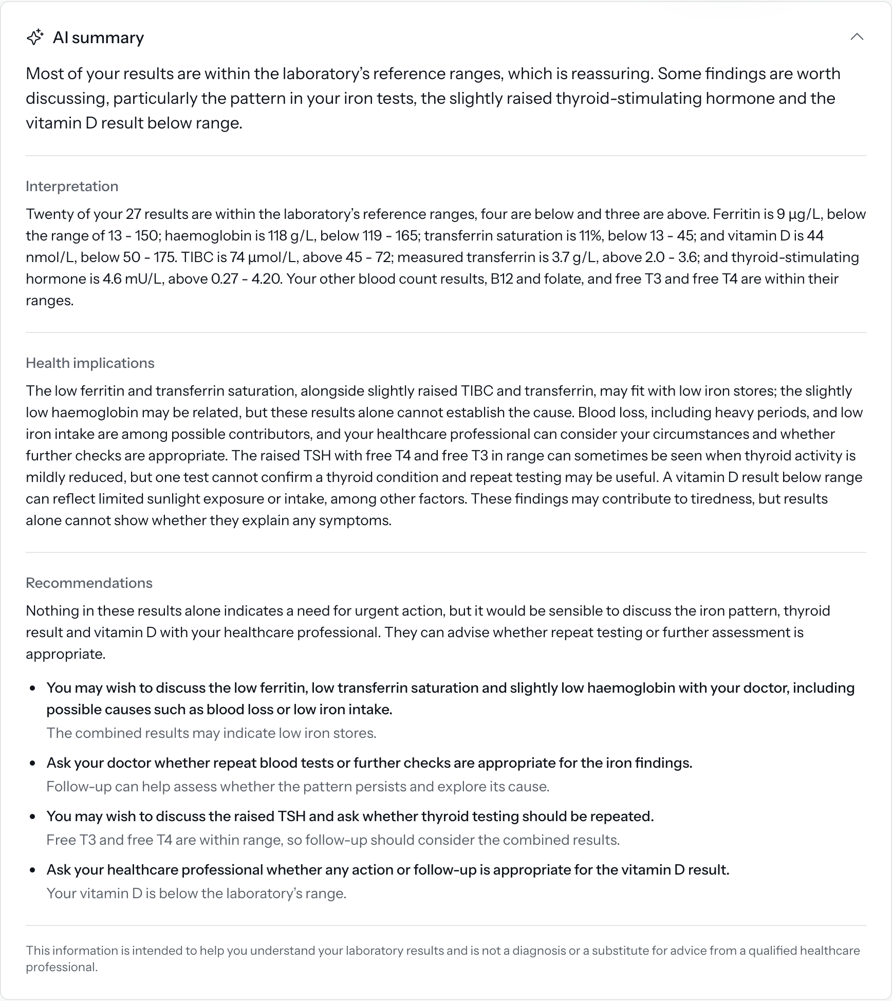 An automatically generated, plain-English summary of a set of blood test results: an overview, then interpretation and health implications