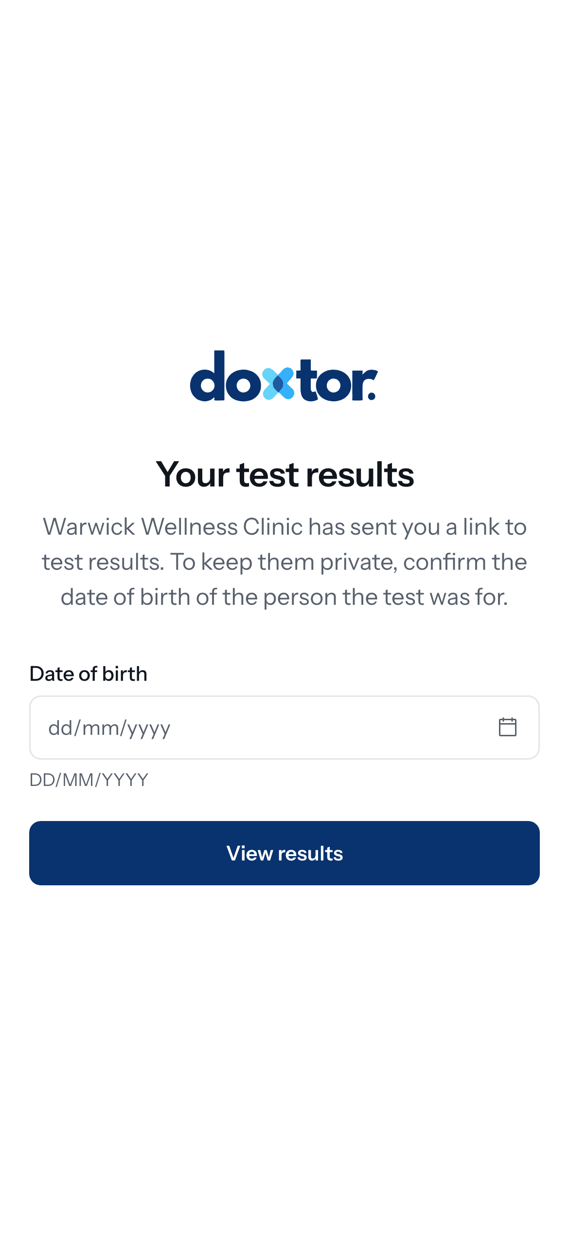 The secure results link on a phone, asking the patient for their date of birth before showing results